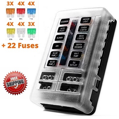 Blade Fuse Block Box Holder 12 Way With LED Indicator for Blown Fuse Suitable For Automotive Marine Boats Weiruixin 12way 